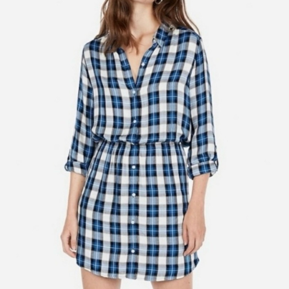 Express Blue Plaid Long Sleeve Dress